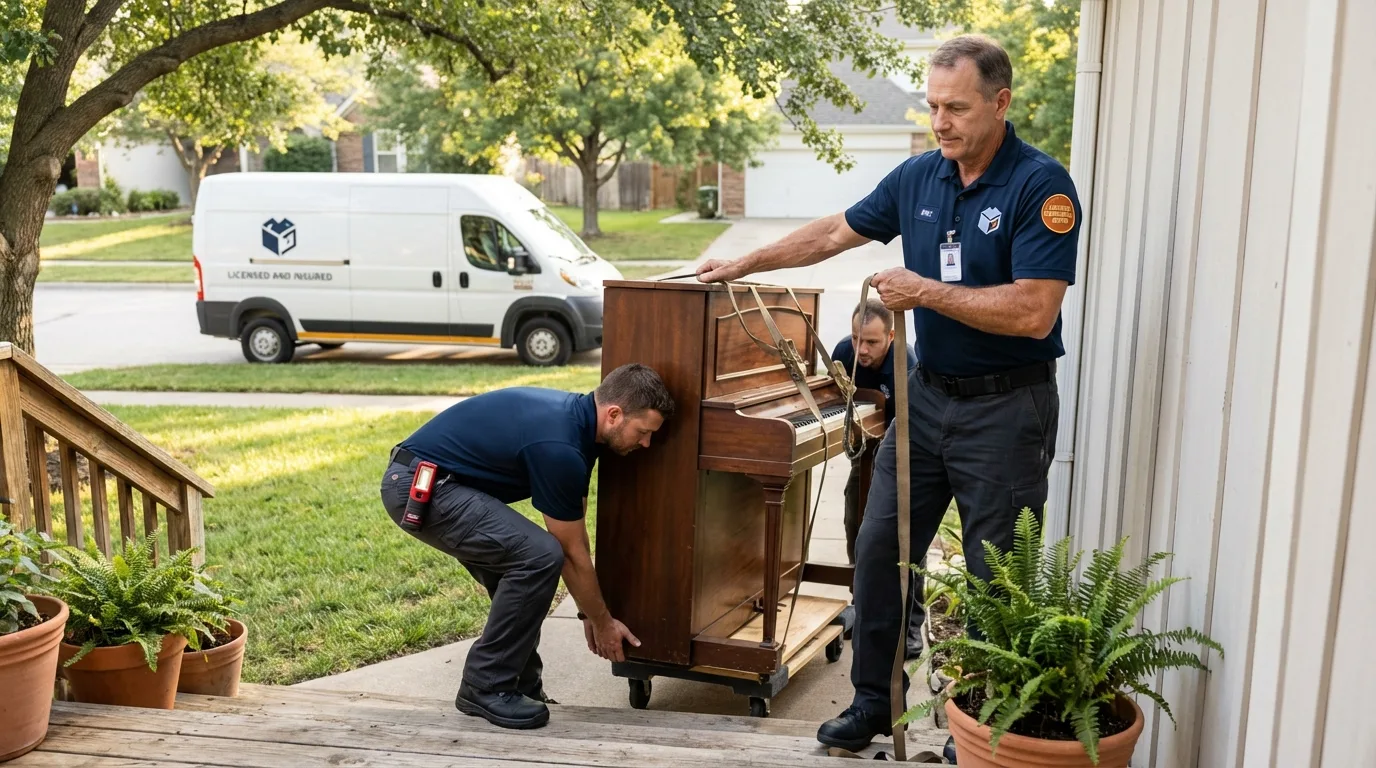 Licensed piano movers securing grand piano in Dover, NJ