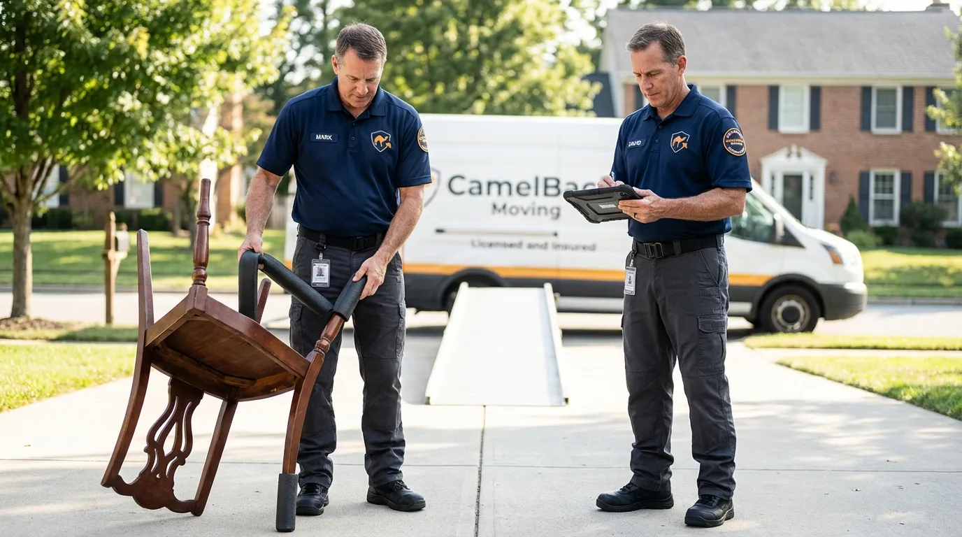Movers inspecting furniture for damage prevention before loading in Dover, NJ