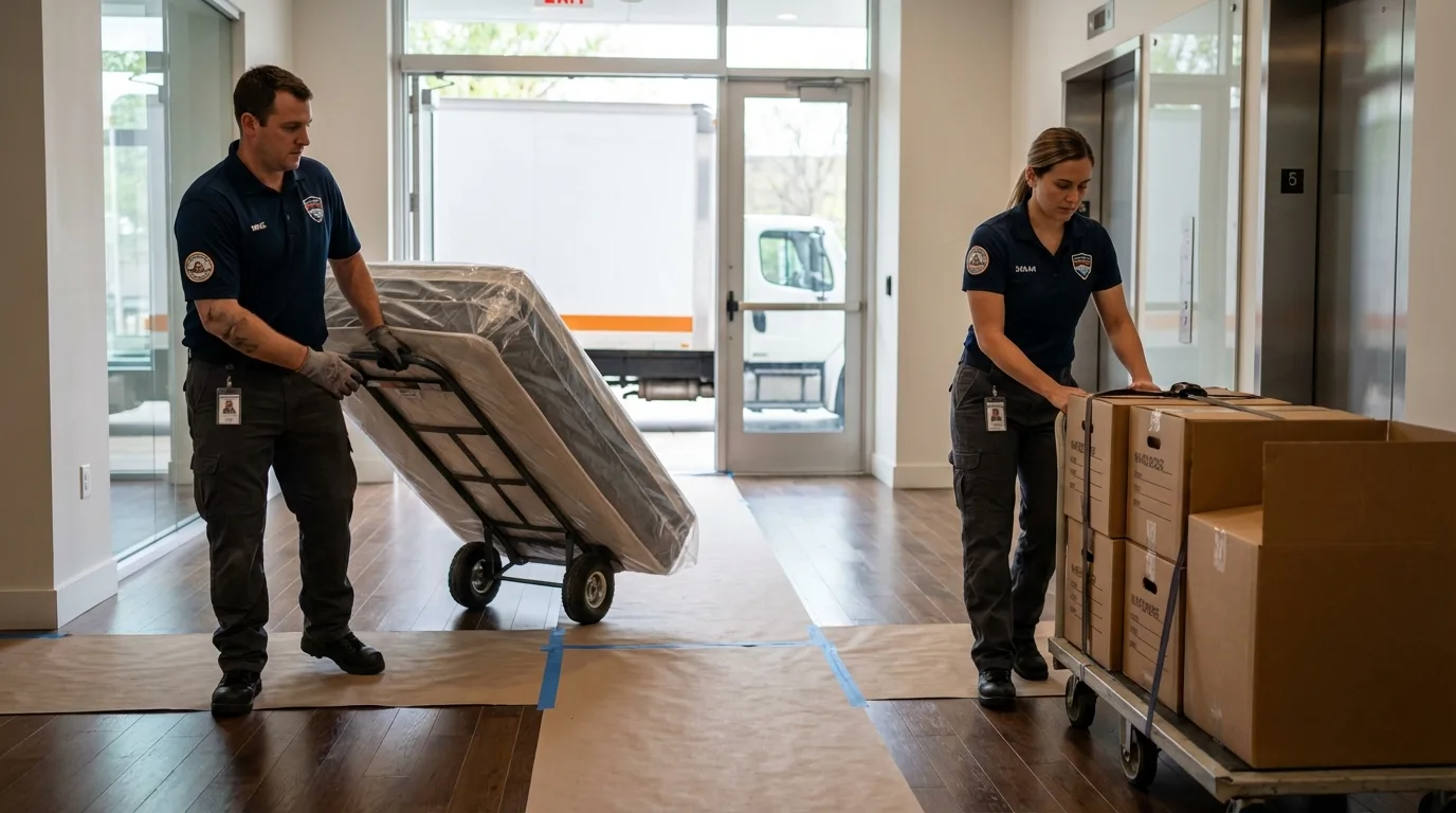 Professional apartment movers loading elevator in Dover, NJ